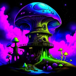 A fantabulous black, lime, and indigo (((mushroom tower house))) erected atop a (geologic pillar), surrounded by the uncanny imaginative ((( swirling skies))), offset by the stark hues of a (neon-tinged nebulous space scape), within. captured by the hand a skilled master painter with a focus on (softly blurred compositions and voluminous lighting).