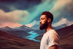 Alex Cross oil painting tufting tapestry high quality double-exposure photo handsome young beard ACTOR, wears Joe Casely-Hayford hipster fashion, artistically blended with a Icelandic Dawn Aurora Borealis mountain beach landscape, austrian symbolism, double exposure, (illusion:1.2), mixture, (blue background:1.2), foreground clouds, (digital art:1.3), make up, impasto art style