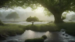 the tree of life connecting other worlds through portals on long roots to other worlds, on the right and left sides beautiful planets and galaxies behind the tree of life, beautiful flowers growing around the tree and flowing water around and fairies flying around the tree with birds, hyperrealistic 4K