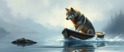 airbrush rendering, wolf is being rescued from boat in lake, business logo