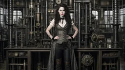 full-length portrait of a pale-faced woman with dark wavy shoulder-length hair, with detailed steampunk metal arms and legs, dressed like a Victorian, standing to one side in a laboratory full of small machines