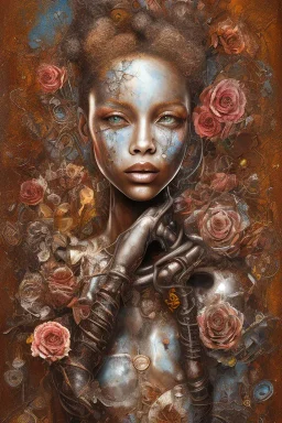 an abstract painting of rusted metal and flowers, heart filled with love African slave lady working, rust, scaffolding, iron cladding, decay, mixed media, textured, anatomically correct, beautiful perfect face, sharp focus, highly detailed