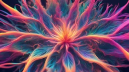 plant zoom view in quantum physics style, on a chemistry or physics level, psychedelic colors