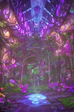 psychadelic garden, during a gentle rain, with mushrooms