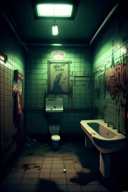 Picture quality of 90's animation. A dimly lit restroom with TRASHTOKYO graffitied on the wall.