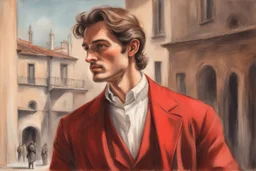 elegant handsome brown haired man in firenze in red costume in sunshine, shading pastel and charcoal