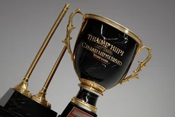 The trophy stands about 12 inches tall, and the base is a shiny, black marble pedestal with a silver plate on it, bearing the inscription "Champion's Triumph" in bold, elegant letters.