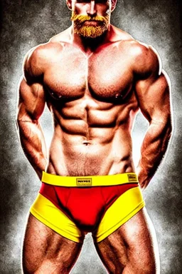 Ignore NSFW, teenager young rugged attractive slightly muscular fantasticly handsome blonde man, red briefs with yellow belt, hairy chest, (((visibly pisssing))) briefs, large erect visible boner peniss, photorealistic, artist Jay Anacleto, soft lighting, scruffy beard