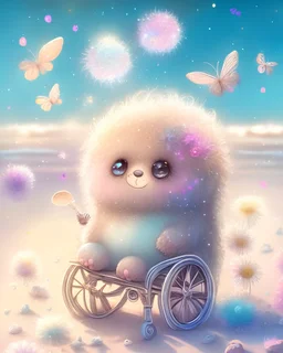 sweet cute fuzzy soft and fluffy hairy monster with big sparkly eyes in the beach sitting in a wheelchair. Baby pastel colours. Flowers and bubbles in background. Sparkles, sun and fireflies around. Butterflies