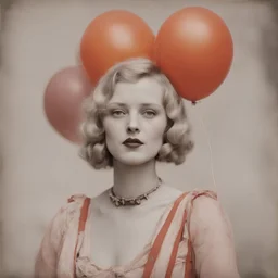 A blond woman with freckles, with a balloon at the circus, 1920s, red, orange, pink