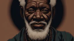 An enlightened old African man with white Beards and bar hair with his knuckle on his chin, dark background