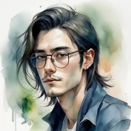 watercolour, large strokes, stylistic, portrait, illustration, dull colours, young, 20-something male, long black hair, brown eyes, has a certain aura of confidence,sharp facial features, slick angular glasses.