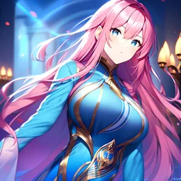 girl, masterpiece, best quality, cinematic lighting, detailed outfit, perfect eyes, long hair, pink hair, blue eyes, victory pose,