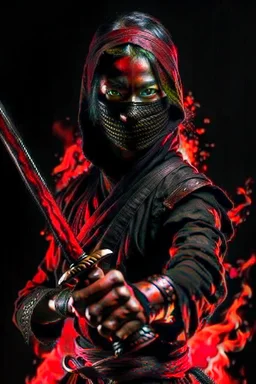 evils female indonesia ninja with red light eyes and dark shadow has a Dark Sword (hidden shadow monster) full body Raw, realistic, fighting inside a fire