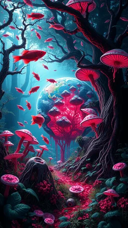 Quintessential Horror Surrealism:A cyber-a planet Earth catastrophic dimensional fission through See dream 3D recursive rendering, under water , fracturing into chaos Legion Doodle simultaneous nightmare realities while simultaneously occupying four perforated reality levels—manifests as a blood-drenched forest where fish weep crimson sap and bioluminescent fungi pulse with recursive Fibonacci patterns, surrounded by carnivorous grass with fanged mouths dripping neon venom; mat