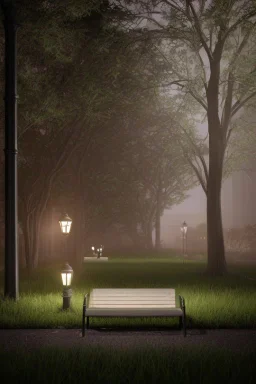 Park at night with lanterns, square bench, and dirt roads, trees, gothic horror films influence, creepy, photography