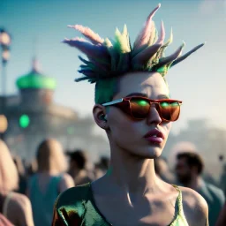 Ultra Realistic photo, medium shot view, drunken dancer women, carnival scene, monster hair, steampunk. Green hair, confeti, Sunglasses, smoking, happy, festival, red fog. highly detailed, concept art, unreal engine 5, ray tracing, RTX, lumen lighting, ultra detail, volumetric lighting, 3d, finely drawn, high definition, high resolution.