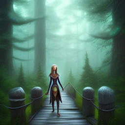 portrait of slender elf on wooden bridge in magical forest, spray painting, fantasy art book illustration