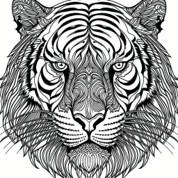 Tiger front face view, cartoon, mandala, white back ground color, real style, realistic, minimalistic, minimal black line art, line art, crisp line art, unique coloring sheet, outlined, outline, crisp, crisp line edges, illustration, thin lines, crisp clear lines, line art, clean line art, unique, 8k, amazing, masterpiece, no colors, no dark color, no black color, avoid thick black, minimalistic line edges, pure white back ground, image character full fit to page,