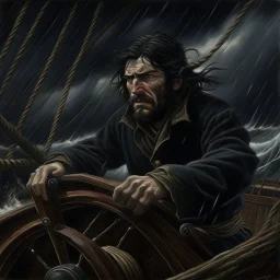 The large angry black haired "Boatsman" at the ships helm on a stormy sea realistic grimdark