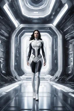 photorealistic slim woman looking like Drusilla with white boots in a heroic pose at the entrance to a spaceship