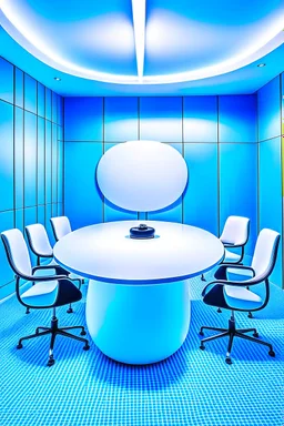 A meeting room with blue walls and a white floor, and the meeting table is oval in shape