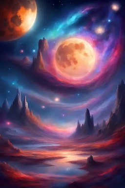 Masterpiece, best quality, digital painting, beautiful, vivid colors, high quality, high detailed, galaxy, moon, star, travel, dream, fantasy world, space