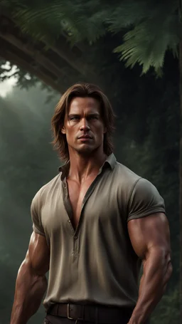 muscular 35 year old male with messy medium length light brown hair, slight upward curve of his lips, wearing a loose fitting shirt, photorealistic, dark fantasy, outside scene