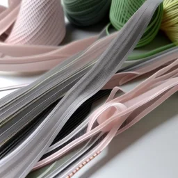 transparent nylon zips, elasticated ribbons, tulle voile and embroidered edges, dusty pink and milky metal gray colors woven trimmings