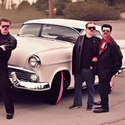 a 50s Greaser BAND standing in front of a hot rod