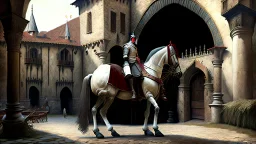 king on his horse in the castle courtyard