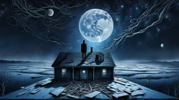 a solitary figure standing on the roof of an abandoned house at midnight, staring into an endless frozen cosmos where shattered moons and impossible constellations drift in silence. The stars feel painfully close yet forever unreachable, while the universe bends like a dream around them. Deep sorrow, quiet longing, surreal realism, cinematic moonlight, cold blue and silver palette, poetic emptiness, ultra-detailed, haunting atmosphere.