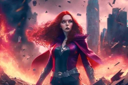 Wanda Maximoff, mulher, jovem, cabelos ruivos, olhos vermelhos, corpo inteiro, fundo cidade destruída, cores brilhantes, de lado destruindo algo com sua magia vermelha, traje da feiticeira escarlate, dramatico, 4k render, imagem cinematográfica. Cores frias,