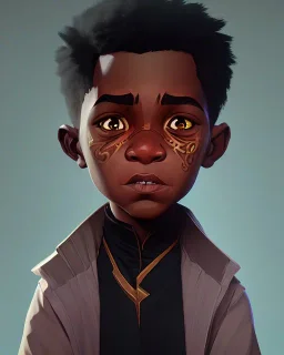 Portrait of a gorgeous black skinned toddler warlock boy with dark hair by Jim Kay