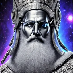 photo realistic, symetrical, centered, ultra detailed, digital art, in center is a portrait of highly detailed greek colossus god zeus wearing futuristic high tech rave glasses surrounded by galaxy codes seeking knowledge, gray beard, crown filled with crystals, detailed face with human skin color, eyes filled with galaxy, dominating colors = gray light blue and dark gold, lightning, smoke,