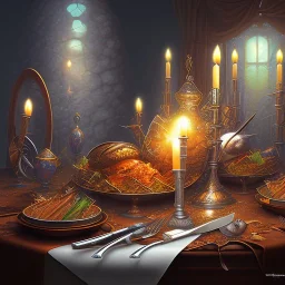 shiny fork and knifes on dinner table with cloth, fantasy art book cover