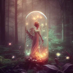 Pixies and Fairies in a belljar ,glowing ,free, small and big, many fairy lights inside a forest, ghostly lights, polaroid, symmetry, bioluminescence, luminescent glow, moody, tender, photorealistic, octane render, golden hour