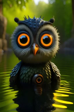 evil owl head with monocle, adorable cute chat priest robot with short punk hair and real human reflective eyes, fluffy floating in pond in garden of st. Barbara cathedral, its such a perfect day, motion blur, smoke, 8k, downlight, soft light, depth of field, photorealism, trending on art station, lotsa detail