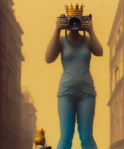 Statue of Queen of photography holding camera in hands. Cute blonde woman. Photographer in golden crown. Standing on the street. Big camera in her hand. hyperdetailed, photorealistic, trending on artstation, greg rutkowski, beksinski, kodachrome, volumetric lighting, gold and cyan