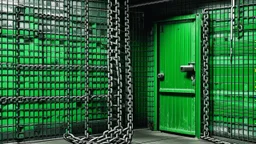 Puerta industrial con cadena tensa, resuelta en acrílico de alto contraste; la planta mínima entre las baldosas es un signo de resistencia, un verde que insiste en existir
