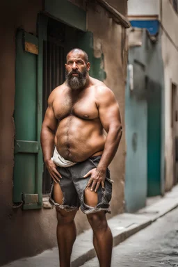 close up photography of an ugly 40 year old stocky robust burly marocan giant, wearing ripped work shorts, shirtless, leaning with his back on the wall, crossing arms, dirty, sweat, wet, ajar mouth, hairy chest, , very virile, short beard, shaved hair,, , in a sunny street, photorealistic , frontal view from the ground