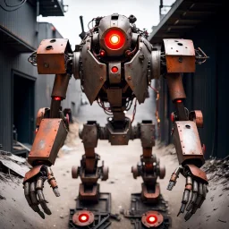 trash mech suit, human-sized, made of scrap metal, cockpit, light rust, round, one red glowing eye, loose wires, escape hatch