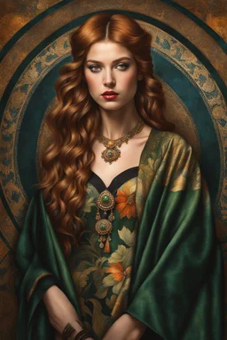 3/4 lighting, Zoomed in Head and shoulders portrait of a high fashion model with Jewish and Irish ancestry, highly detailed elements including in the style of a Pre-Raphaelite painting.
