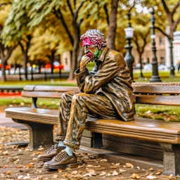 A figure of a man thinking about complex issues sitting on a park bench.