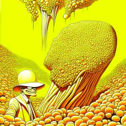 yellow - caramel- white color scheme, hallucinatory color pen complex illustration, intricate detail, surreal Popcorn man, dramatic volumetric lighting, splash art, concept art, by Vladimir Kush assisted by Gerald Scarfe.