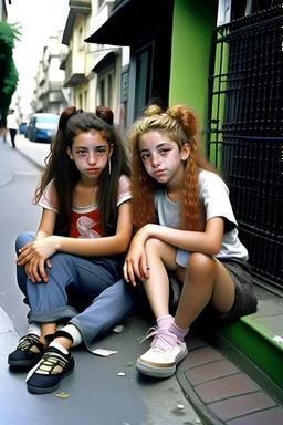 iki kız beraber sokakta oturuyorlar yaşları daha büyük liseliler daha renkli kızlardan birinin saçı kabarık diğerininki ise biraz uzun geniş açı ikisininde vücudu tam görünsün 2d çizgi roman gölgelendirmesi