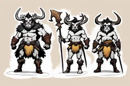 (PDF paper illustration by Ralph Steadman for Mini flat paper Figures to print and cut) three faun-satyr characters: “warrior,” “spell-caster” and “rogue” fantasy adventure archetypes. This is a downloadable set of paper minis that you print out, cut out and glue together yourself.