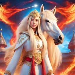 (masterpiece, best quality, 8k, RAW photo, beautiful and aesthetic:1.2), complex detail, Indirect light, photorealistic, (((full body))), 2 Gorgeous Cosmic russian asian goddess smiling, long curved blonde hair, blue eyes, Mixed, sci-fi and traditional russian outfit with white furs and chapka, a horse of fire companion, a colorfull Sci-Fi environment