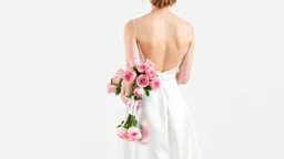 A bride in a white silk wedding dress, back view, facing forward, holding a bouquet of pink roses in her left hand against a white background.