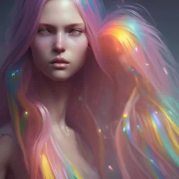 girl, cute, beautiful, long hair, rainbow hair, rainbows, close up portrait by Greg Rutkowski